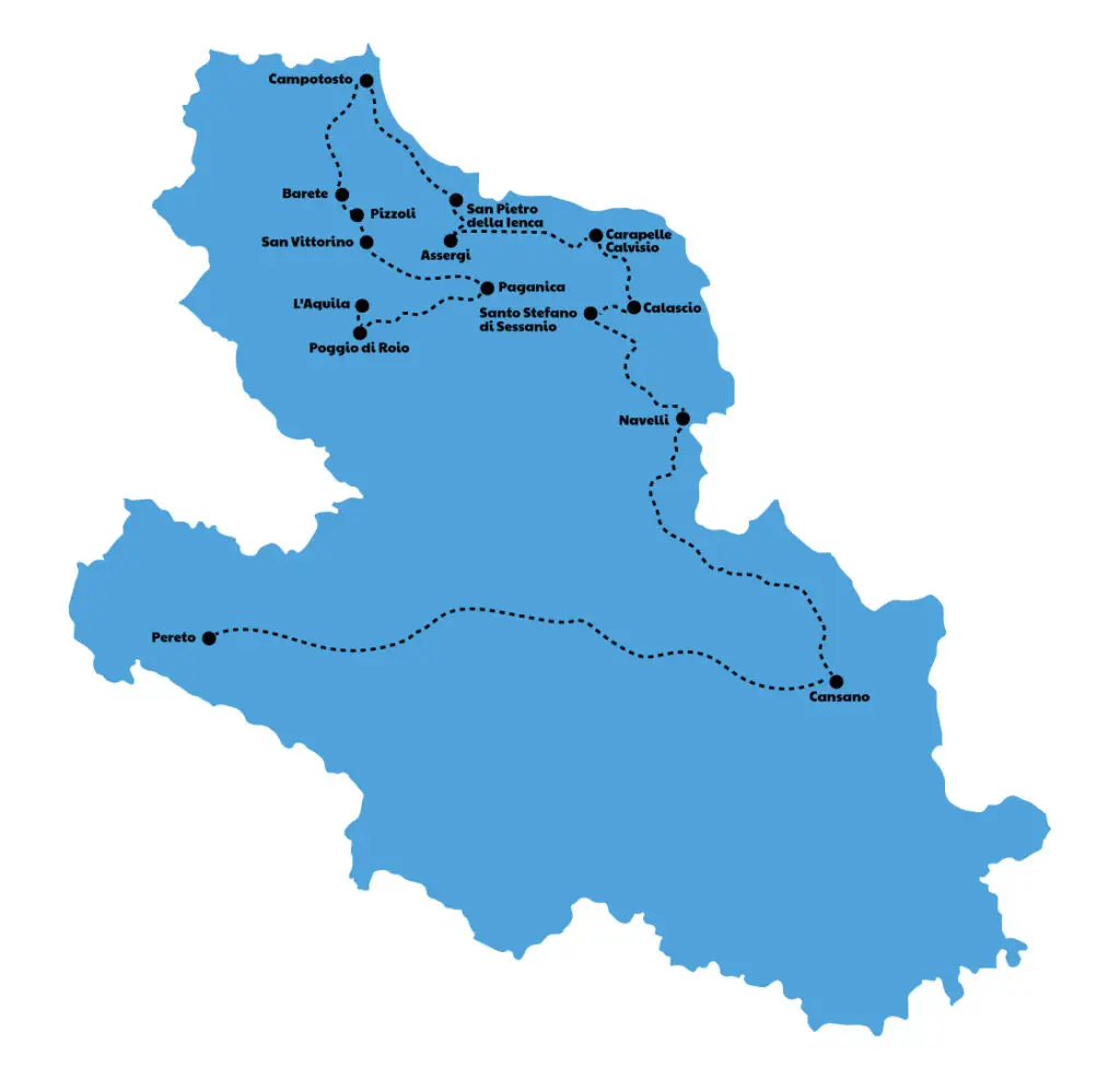 Mappa dell'Aquila con l'itinerario proposto
